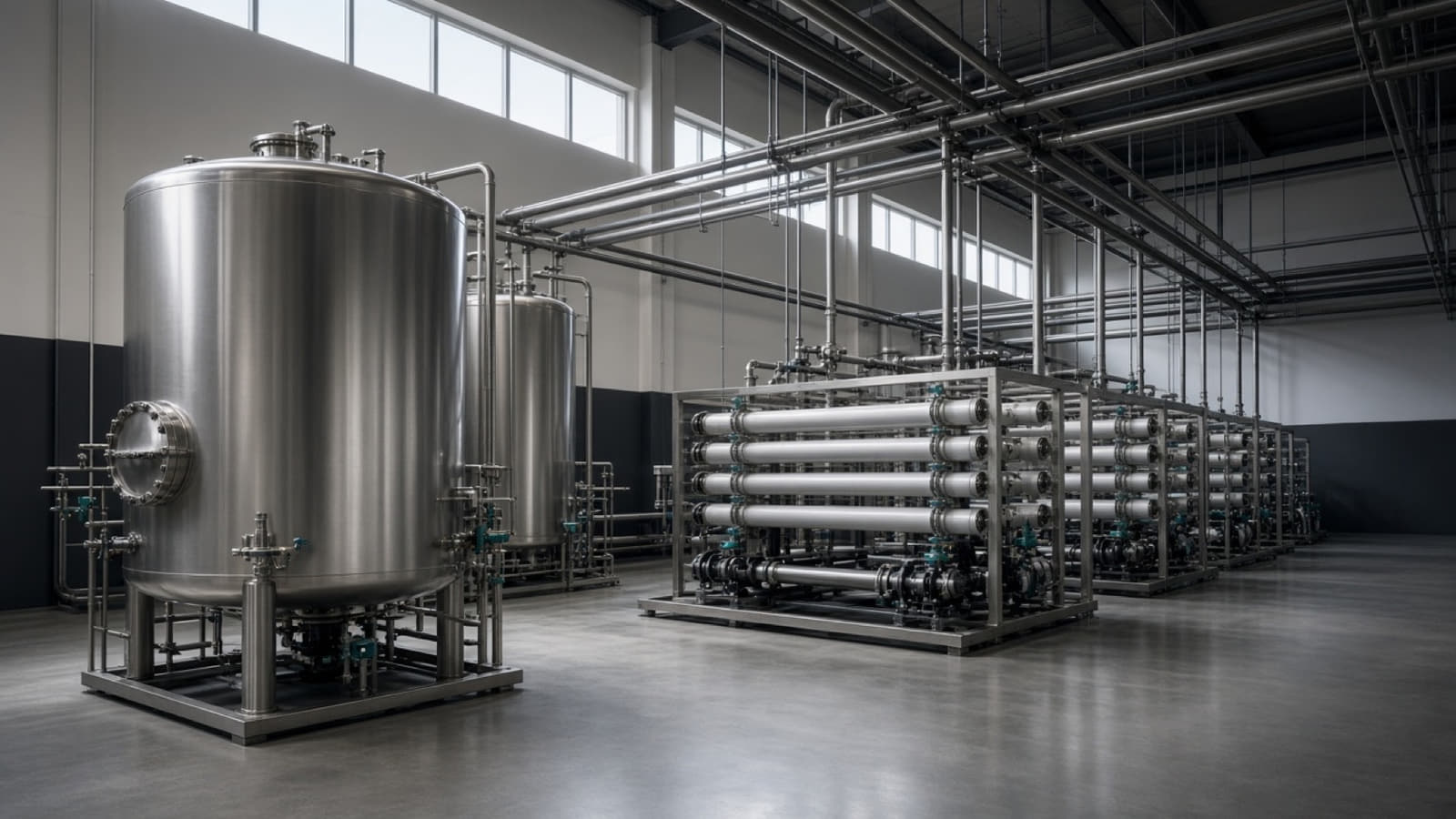 Horizontal membrane pressure vessels on an industrial RO rack